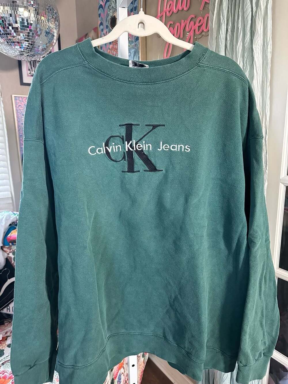 Vintage Calvin Klein Jeans Embroidered Logo Sweatshirt Green XXL